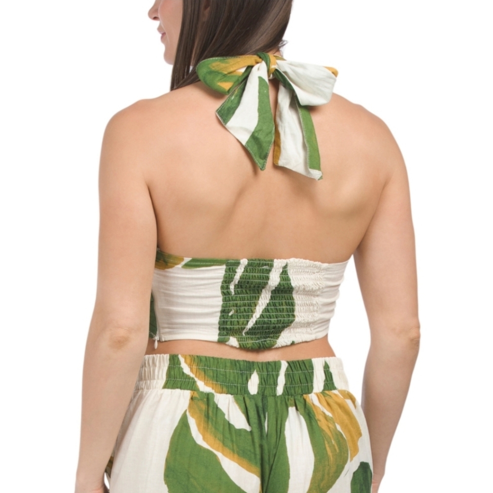NWT Rachel Zoe Linen Blend Smocked Back Halter Top Palm Leaves Size S